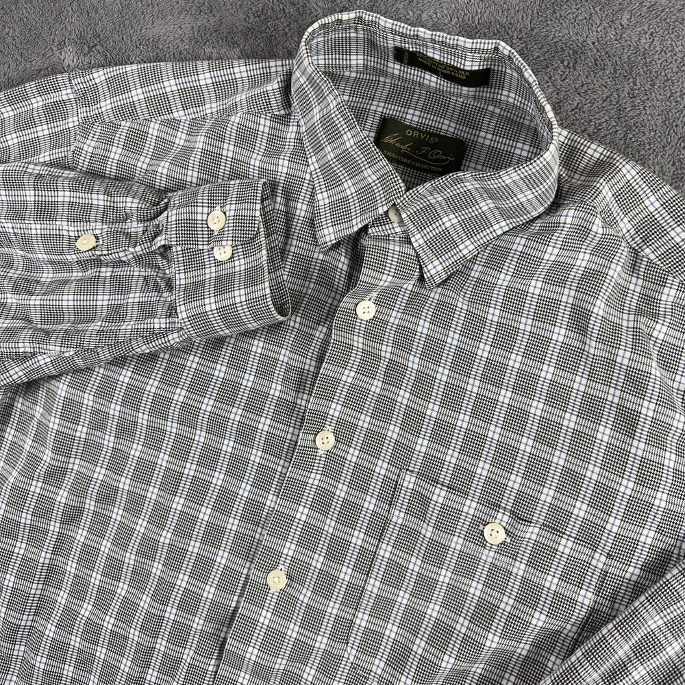 Orvis Signature Collection Shirt Mens Large Gray Blue Plaid Silk Blend Button Up